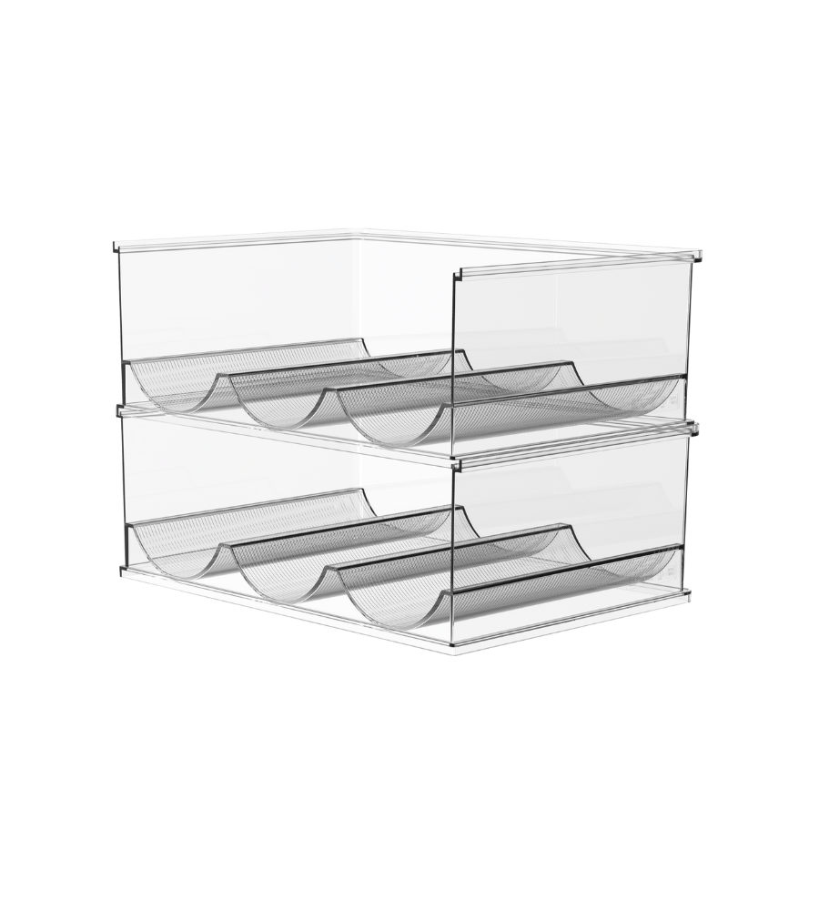 Der BNB x VCN Flaschenhalter KLAR - Set 2 Stk verfügt über einen doppelstöckigen Organizer aus klarem Acryl mit zwei ausziehbaren Netzschubladen zur Aufbewahrung von Flaschen, ideal für zylindrische Gegenstände, abgebildet auf einem schlichten weißen Hintergrund.