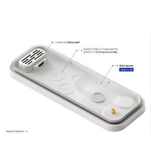 Die DATEMATE Vorratsdose KLAR Weiss mit Garzeit-Timer von BNB x VCN verfügt über eine Trockenmittelbox, Portionslöcher (1/2/3), einen 30ml Löffel für M/L/XL Größen, ist stapelbar und luftdicht. Teil der Vacane Kollektion - 3.