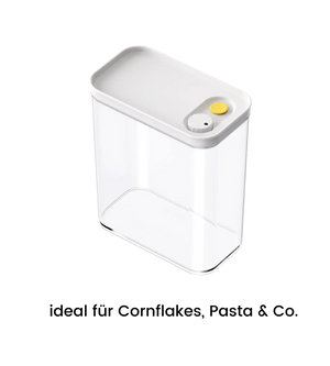 Die DATEMATE Vorratsdose KLAR Weiss von BNB x VCN mit Garzeit-Timer ist stapelbar, luftdicht und ideal für Cornflakes, Pasta & Co. Sie hält Lebensmittel lange frisch und überzeugt im modernen Design in verschiedenen Größen.