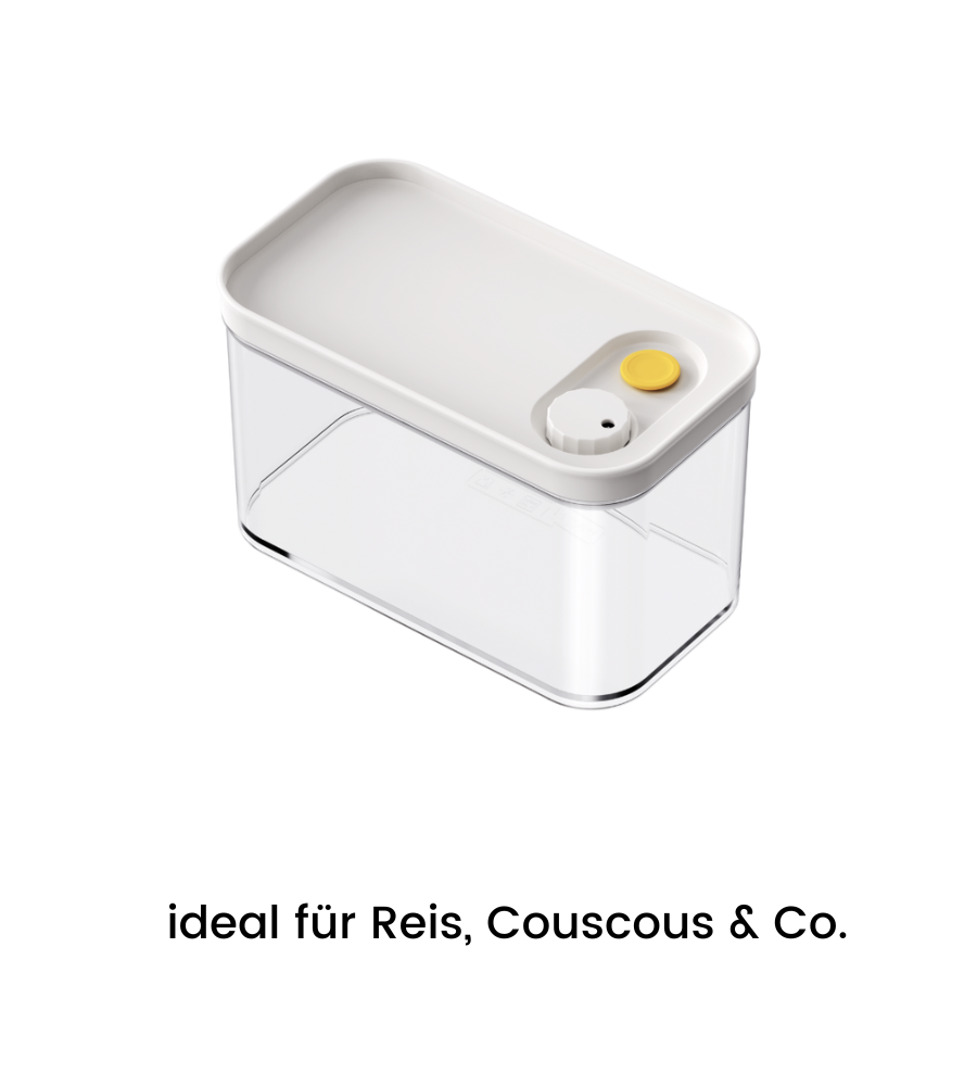 The image shows a transparent, stackable DATEMATE storage container KLAR White from BNB x VCN with a white lid and yellow timer button on a white background. The German text underneath reads: ideal for rice, couscous, etc.