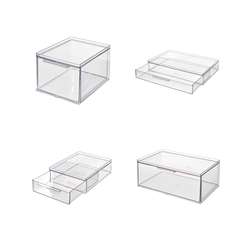 Four transparent plastic boxes with drawers, arranged on a white background.