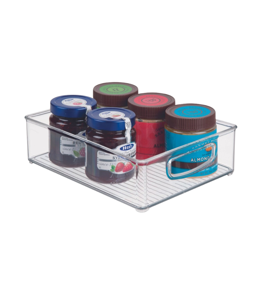 Durchsichtiger Behälter mit Gläsern, braune und blaue Deckel, auf Oberfläche.