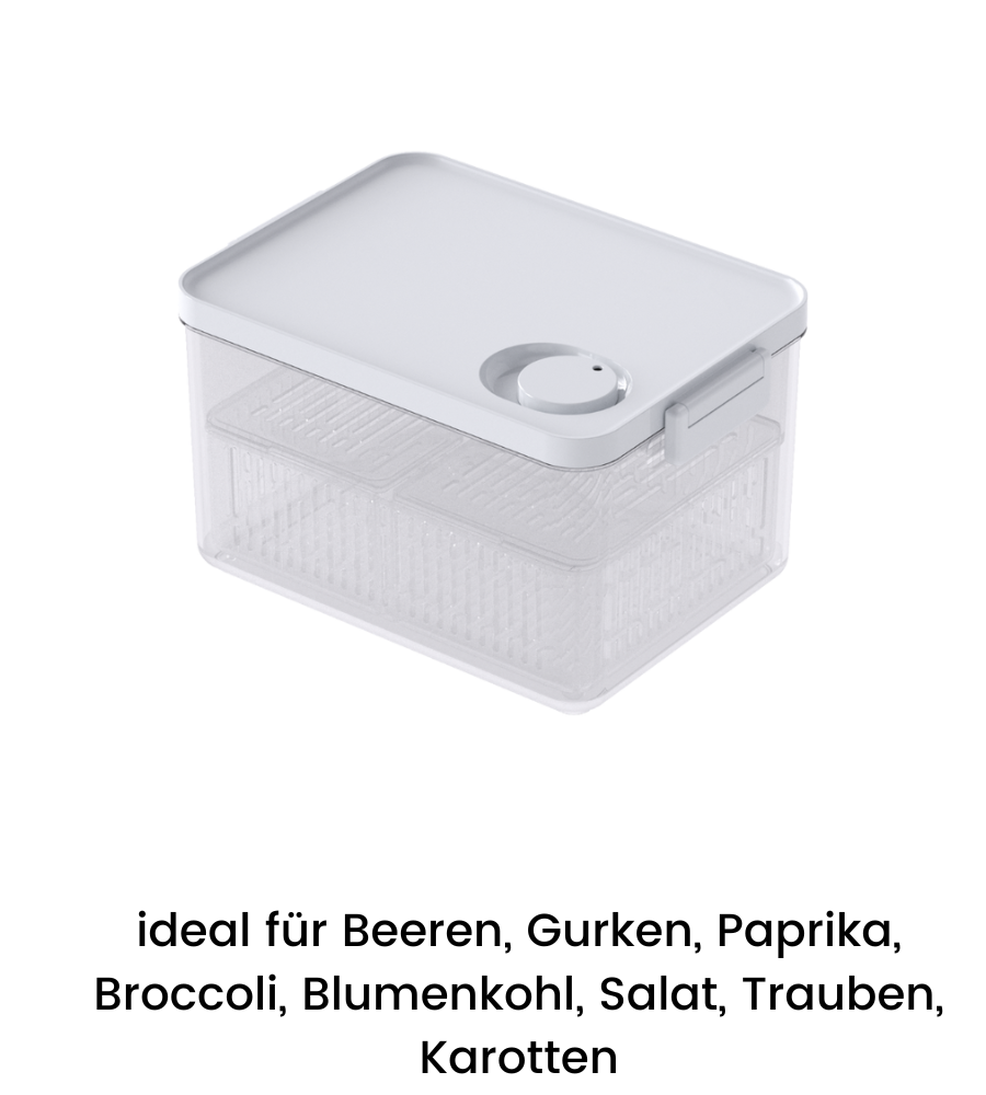 La boîte de conservation DATEMATE KLAR blanche avec minuterie de conservation de BNB x VCN est empilable, a un couvercle blanc, une ventilation réglable et est parfaite pour garder les baies, les concombres, les poivrons, le brocoli, le chou-fleur, la salade, les raisins et les carottes.