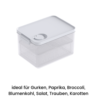 Die DATEMATE Frischhaltebox KLAR Weiß mit Haltbarkeits-Timer von BNB x VCN bewahrt Gemüse und Obst wie Gurken, Paprika, Brokkoli und Trauben dank stapelbarem Design, weißem Deckel und rundem Ventil frisch.