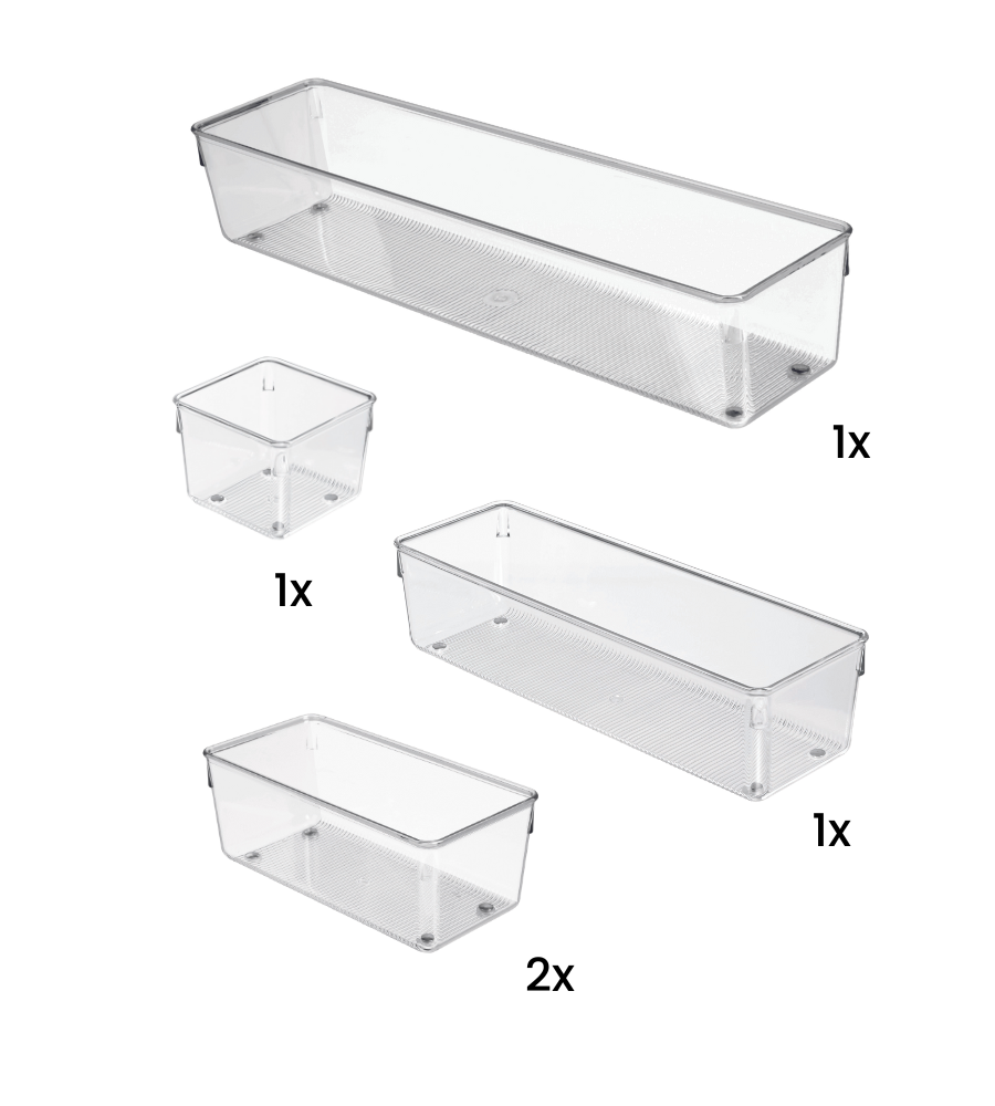 Das iDesign Schubladen Organizer-Set LINUS - HOCH (5-teilig) enthält fünf transparente Behälter - einen kleinen, einen mittleren, zwei große und einen extragroßen - perfekt für die Schubladenordnung. Alle Artikel sind auf weißem Hintergrund abgebildet und mit Mengenangaben versehen.