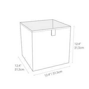 Strichzeichnung der Bigso SOFT Aufbewahrungsbox CUBE - Grau, mit Abmessungen von 12,4 Zoll (31,5 cm) an allen Seiten und einem kleinen rechteckigen Frontgriff. Praktisches, zusammenklappbares Design für eine kompakte Aufbewahrung.