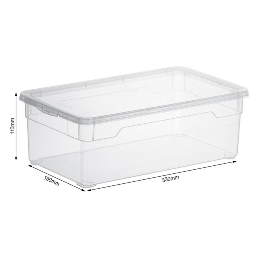 Die Rotho Aufbewahrungsbox CLEAR 5L (33,5x19x11cm) mit Deckel ist leer und auf weißem Hintergrund abgebildet.