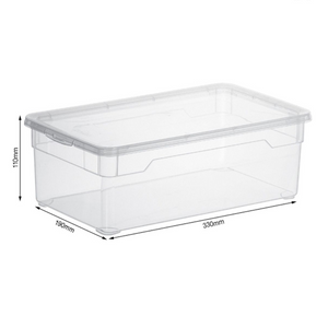 Die Rotho Aufbewahrungsbox CLEAR 5L (33,5x19x11cm) mit Deckel ist leer und auf weißem Hintergrund abgebildet.