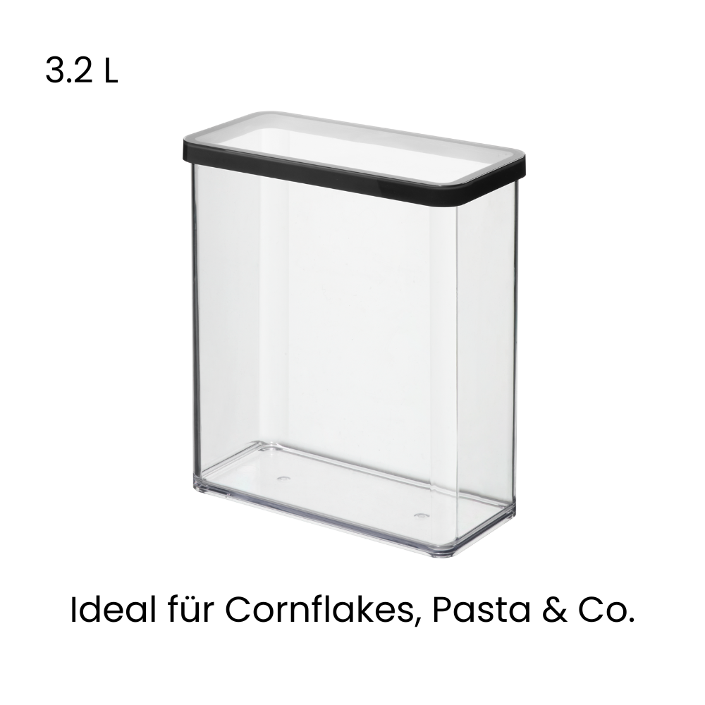 Bac en plastique de 3,2 l, avec le texte « Parfait pour les cornflakes, les pâtes, etc. », vide.
