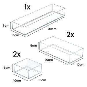 Das iDesign Schubladen Organizer-Set CLARITY (5-teilig) enthält 1 Box (30x10x5cm), 2 Boxen (20x10x5cm) und 2 Boxen (10x10x5cm)-ideal für stilvolle, ordentliche Schubladenorganisation.