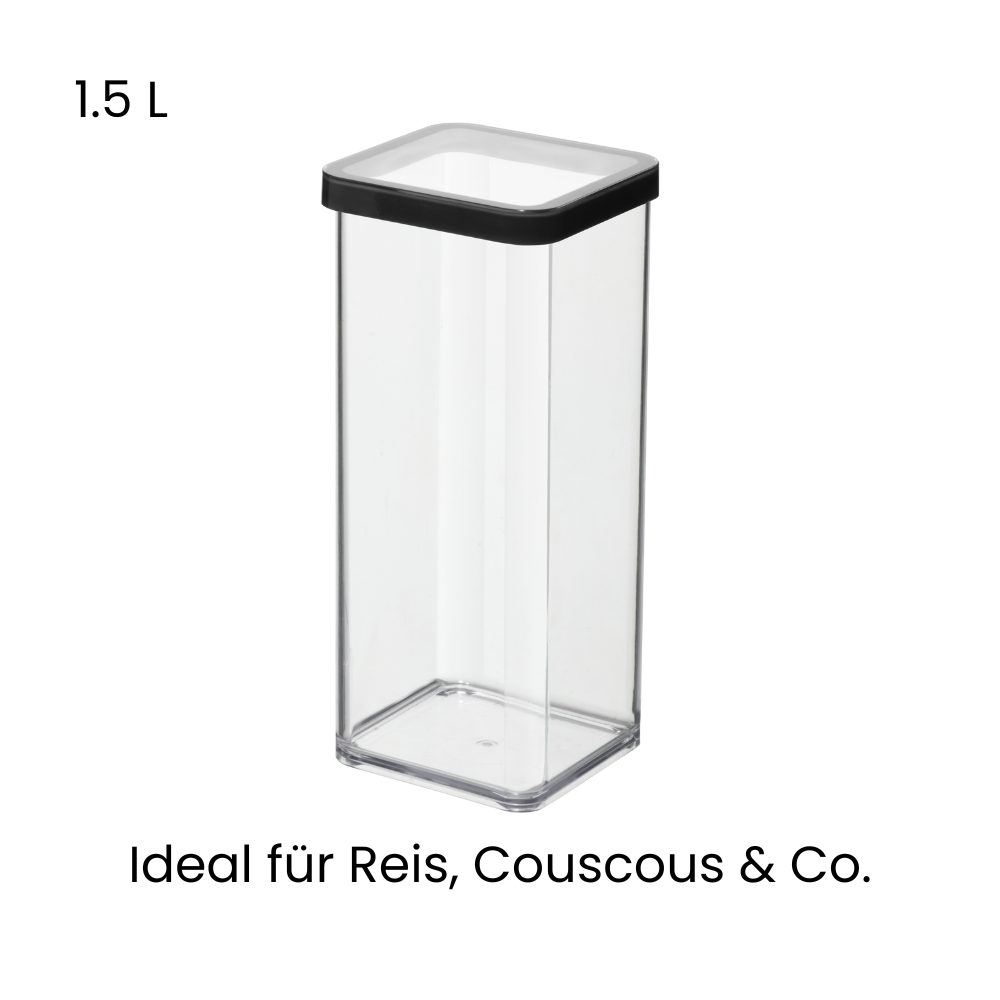 Boîte transparente de 1,5 L, couvercle noir, avec l'inscription « Parfait pour le riz ».