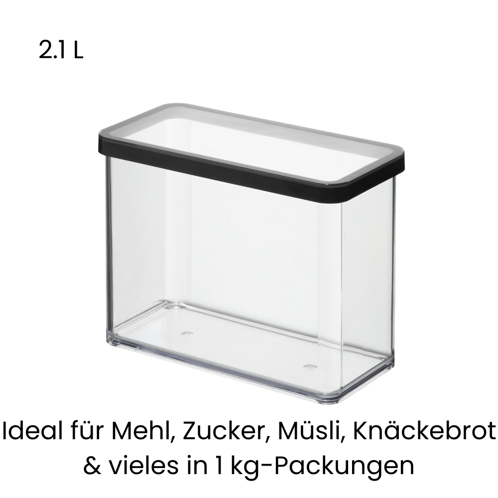 Rectangular plastic container, 2.1 L, black lid, for flour and cereal.