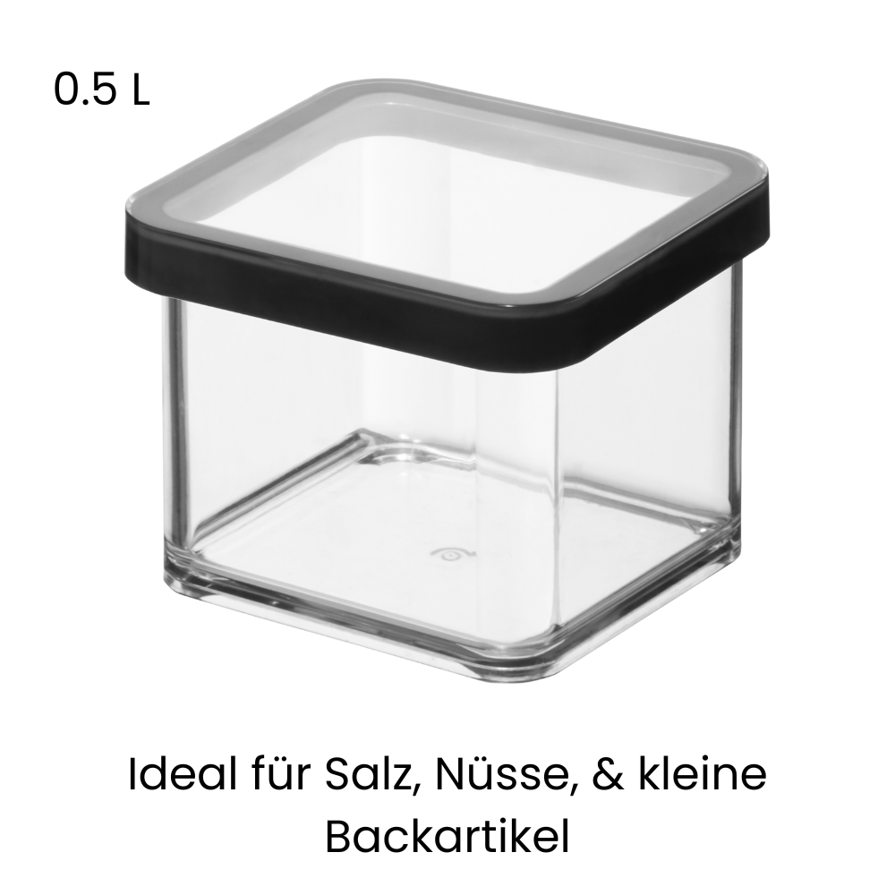 Boîte carrée de 0,5 l, couvercle noir, pour le sel, les noix.
