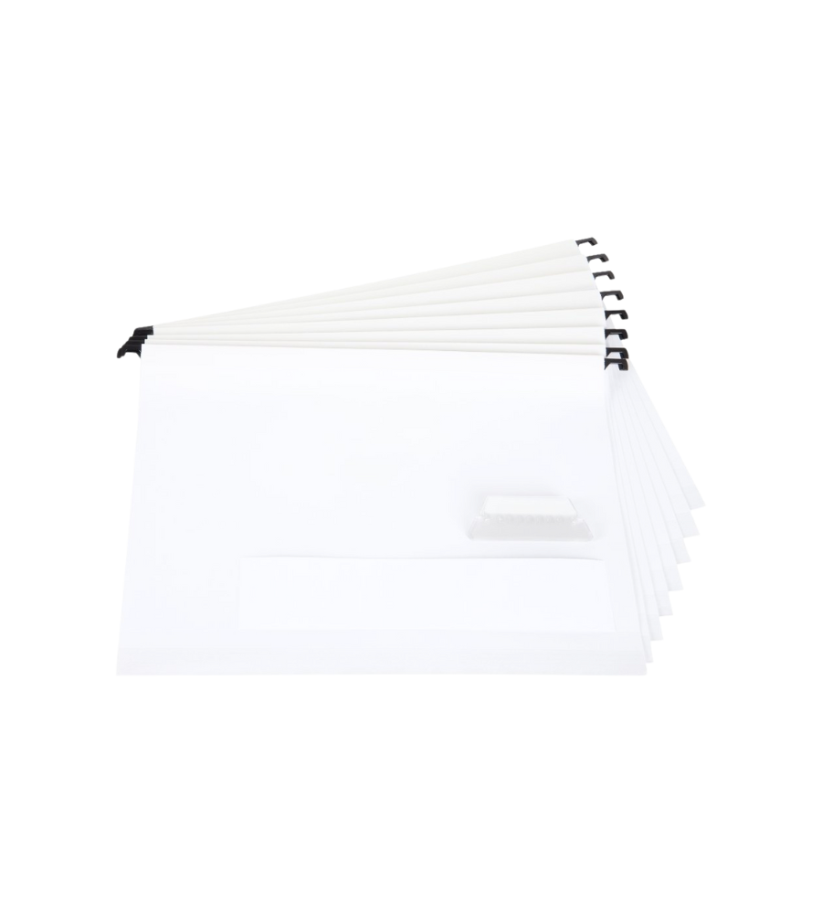 Die Bigso JOHAN Hängemappen 8 Stk. - Weiss sind weiße A4-Hängemappen, perfekt für die Organisation von Dokumenten, aufgefächert auf einem schlichten weißen Hintergrund dargestellt.