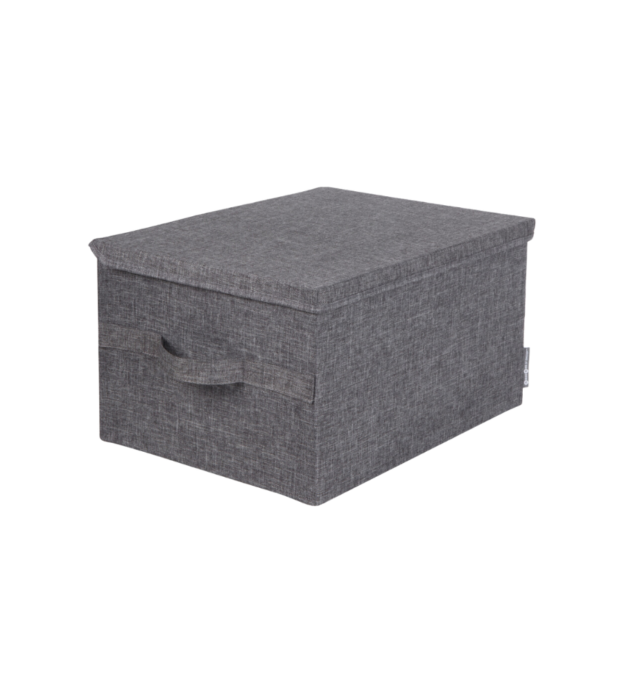Die Bigso SOFT Aufbewahrungsbox Grau L (45x34x25cm) aus Stoff mit Deckel und Frontgriff ist zusammenklappbar, platzsparend und auf weißem Hintergrund präsentiert.