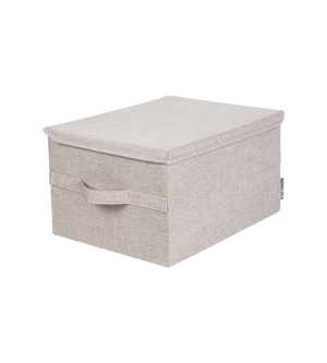 Die Bigso SOFT Aufbewahrungsbox Beige L (45x34x25cm) ist eine rechteckige, faltbare Aufbewahrungsbox mit einem Deckel und einem Griff an der Vorderseite, abgebildet auf einem schlichten weißen Hintergrund.