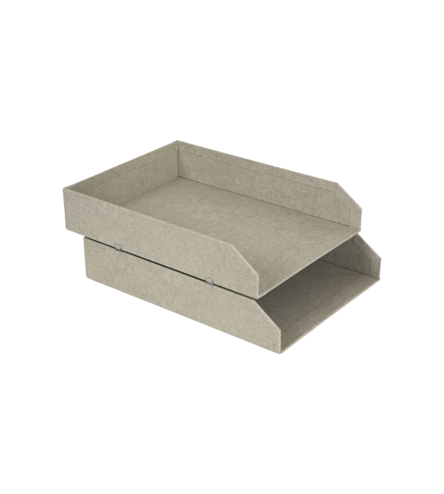 Die Bigso HAKAN Dokumentenablage Set 2 Stk. - Linnen Canvas ist eine zweistufige graue Filzablage mit offenen Seiten und erhöhten Rückenkanten, die sich perfekt zum Sortieren von A4-Papieren auf Ihrem Schreibtisch eignet, abgebildet auf einem schlichten weißen Hintergrund.