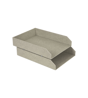 Die Bigso HAKAN Dokumentenablage Set 2 Stk. - Linnen Canvas ist eine zweistufige graue Filzablage mit offenen Seiten und erhöhten Rückenkanten, die sich perfekt zum Sortieren von A4-Papieren auf Ihrem Schreibtisch eignet, abgebildet auf einem schlichten weißen Hintergrund.