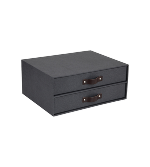 Schwarzer Aufbewahrungsbehälter mit zwei Schubladen und braunen Griffen, ohne Umgebungsdetails.