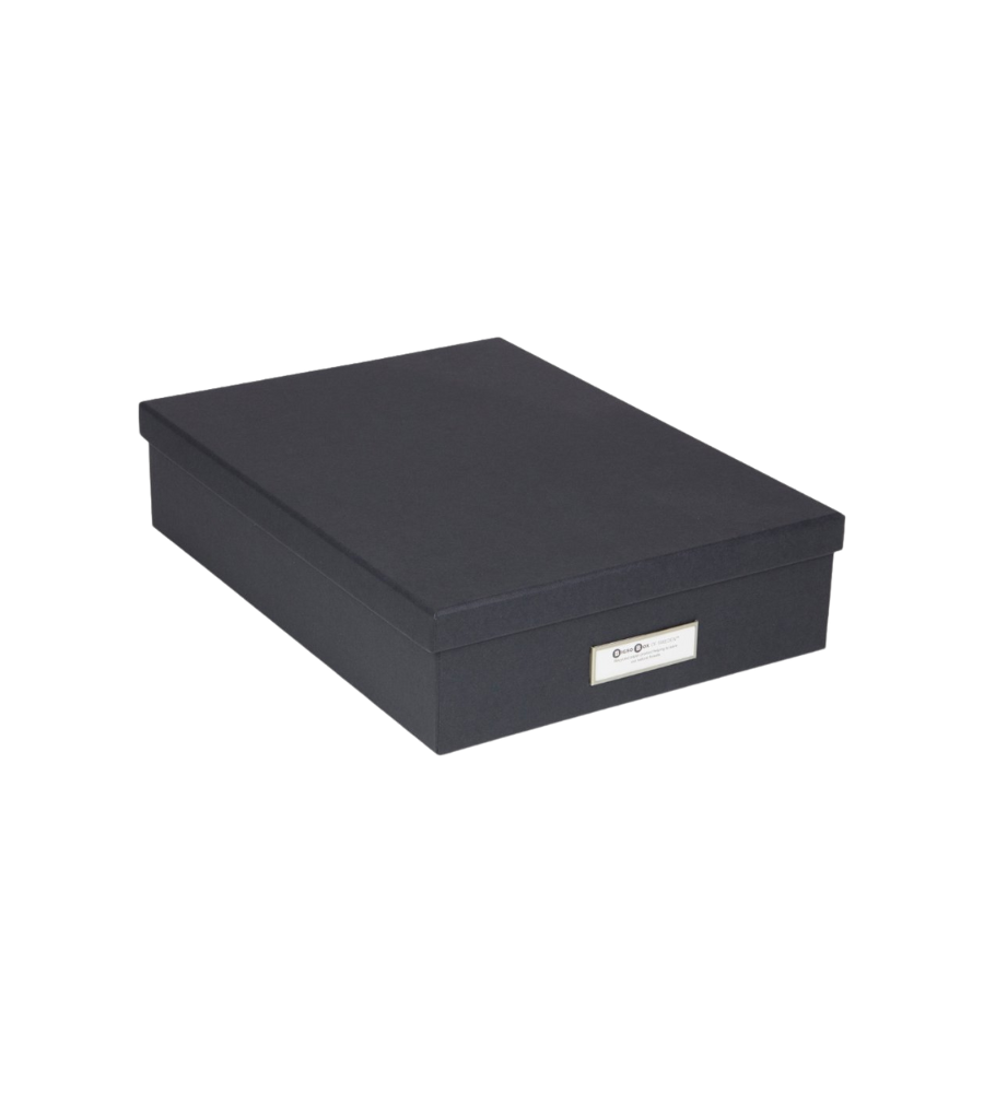 Die Bigso OSKAR Aufbewahrungsbox A4 in dunkelgrau, mit rechteckiger Form, passendem Deckel und kleinem weißen Etikett auf der Vorderseite, wird vor einem schlichten weißen Hintergrund gezeigt.