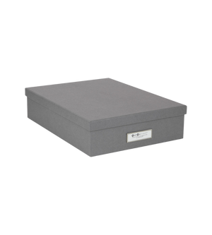 Die Bigso OSKAR Aufbewahrungsbox A4 in grau, eine geschlossene rechteckige Aufbewahrungsbox mit aufgesetztem Deckel und kleinem weißen Frontetikett, ist auf einem schlichten weißen Hintergrund abgebildet.