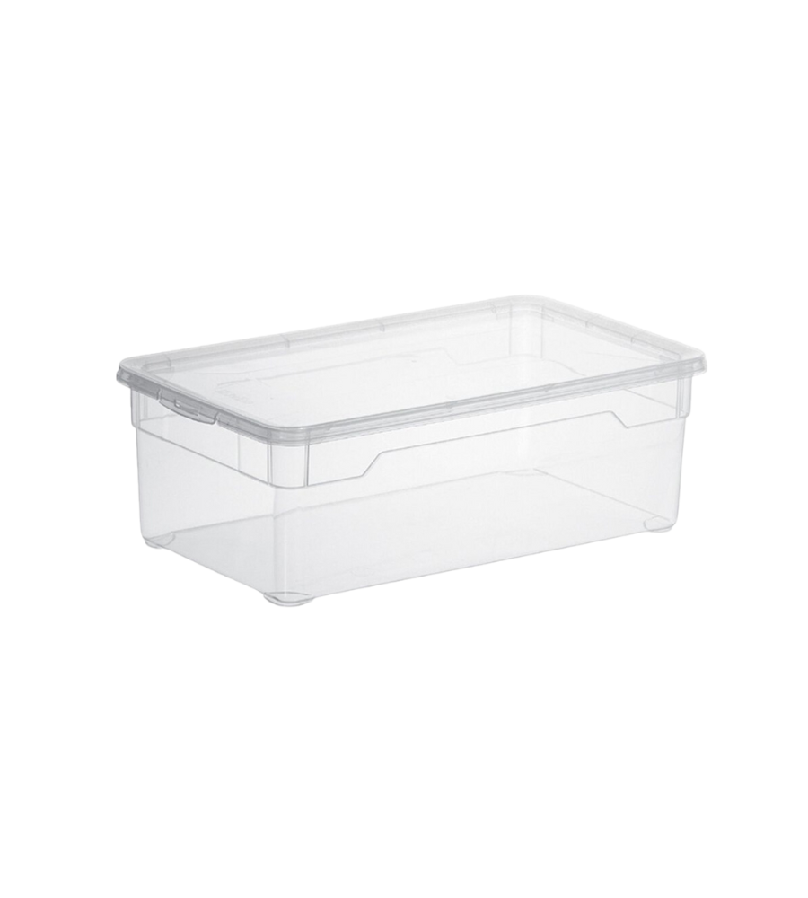 Die Rotho Aufbewahrungsbox CLEAR 5L (33,5x19x11cm) aus transparentem Kunststoff mit Deckel wird leer vor weißem Hintergrund fotografiert und bietet dank Klarsicht einen schnellen Überblick über den Inhalt.