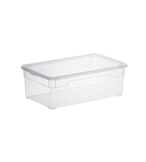 Die Rotho Aufbewahrungsbox CLEAR 5L (33,5x19x11cm) aus transparentem Kunststoff mit Deckel wird leer vor weißem Hintergrund fotografiert und bietet dank Klarsicht einen schnellen Überblick über den Inhalt.