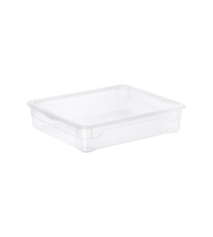 Die Rotho Aufbewahrungsbox CLEAR 9L (40x33,5x8,5cm) ist auf einem schlichten weißen Hintergrund abgebildet. Diese klare, rechteckige Kunststoff-Aufbewahrungsbox hat leicht erhöhte Ränder, keinen Deckel und ist ideal als stapelbare Box zur organisierten Aufbewahrung.