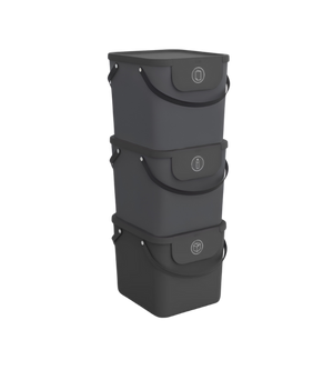 Das Rotho 3er Set - ALBULA Recycling Müllsystem 40L in Anthrazit sind stapelbare Behälter mit schwarzen Griffen und kreisrunden Deckelsymbolen, die vor einem schlichten weißen Hintergrund übereinander angeordnet sind.