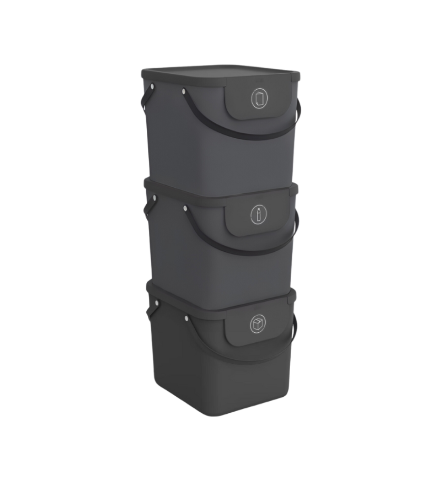 Das Rotho 3er Set - ALBULA Recycling Müllsystem 40L in Anthrazit sind stapelbare Behälter mit schwarzen Griffen und kreisrunden Deckelsymbolen, die vor einem schlichten weißen Hintergrund übereinander angeordnet sind.