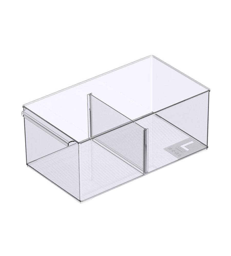 Der BNB x VCN Aufbewahrungsbehälter KLAR mit Fächern - div. Grössen extra Lang ist ein klarer, rechteckiger Aufbewahrungsbehälter mit einem Mittelteiler für zwei Fächer, der sich durch ein modernes, stapelbares Design und transparente Seiten auszeichnet.
