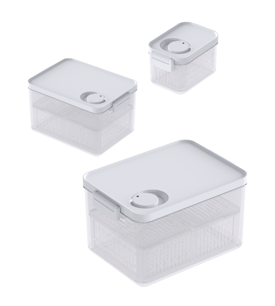 Trois boîtes de conservation DATEMATE KLAR blanches avec minuterie de conservation de BNB x VCN sont empilées sur un fond blanc. Chaque boîte transparente et rectangulaire a une taille différente pour un rangement polyvalent et a un couvercle blanc avec une ouverture d'aération intégrée.