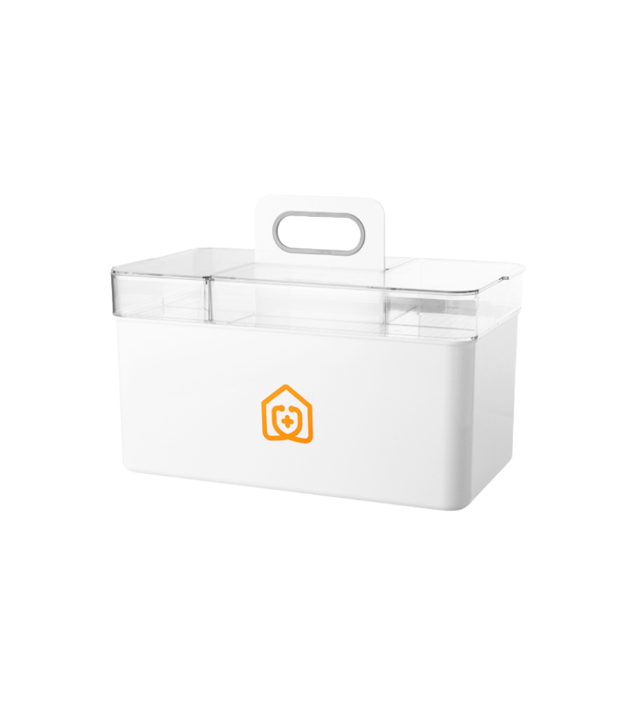 Der BNB x VCN Medikamenten Organizer Weiss ist eine weiße rechteckige Pillendose mit transparentem Deckel, zentralem Griff und orangefarbenem Hauslogo - ideal für die Aufbewahrung von Medikamenten. Sie ist auf einem schlichten weißen Hintergrund abgebildet.