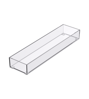 Der SLIDE Schubladen Organizer KLAR von BNB x VCN ist ein klarer, rechteckiger Acrylbehälter mit geraden Seiten und offener Oberseite, ideal zum Stapeln und Organisieren von Schubladen. Abgebildet vor einem weißen Hintergrund.