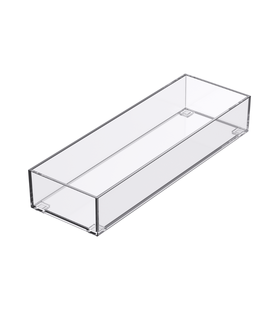 Der SLIDE Schubladen Organizer KLAR von BNB x VCN ist eine klare, rechteckige Acrylbox ohne Deckel - ideal als stapelbarer Schubladen-Organizer. Abgebildet auf einem weißen Hintergrund.