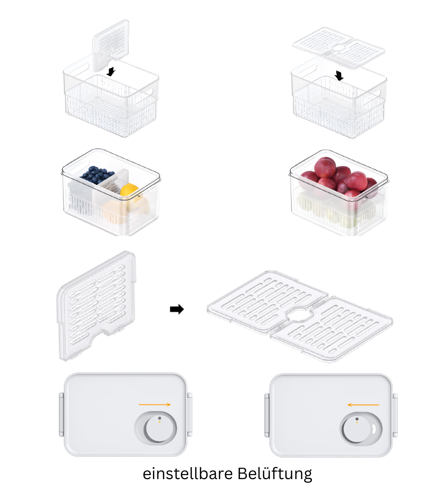 La boîte de conservation DATEMATE KLAR Blanc de BNB x VCN avec minuterie de conservation est empilable, a une ventilation réglable et garde les fruits frais plus longtemps grâce à un curseur sur le couvercle.