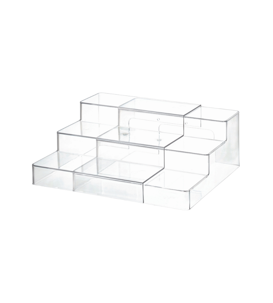 Das iDesign HOME EDIT - Küchen- und Gewürzregal KLAR, ein ausziehbares, klares Regal mit drei Etagen und neun Fächern, ideal als Gewürzregal oder zur Aufbewahrung von Kosmetik und Bürobedarf, vor weißem Hintergrund.