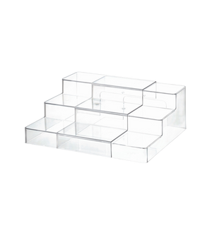 Das iDesign HOME EDIT - Küchen- und Gewürzregal KLAR, ein ausziehbares, klares Regal mit drei Etagen und neun Fächern, ideal als Gewürzregal oder zur Aufbewahrung von Kosmetik und Bürobedarf, vor weißem Hintergrund.