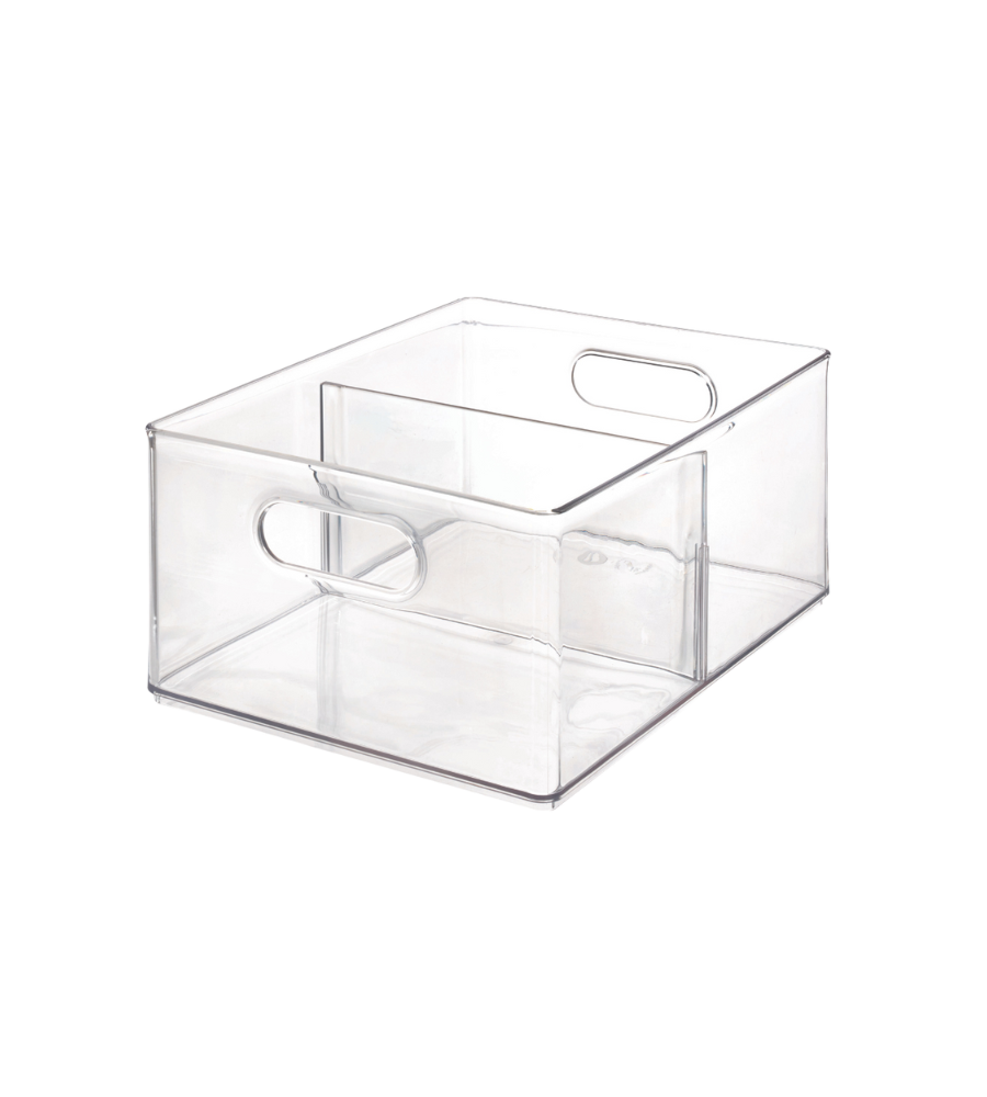 Der iDesign HOME EDIT Aufbewahrungsbehälter KLAR mit 2 Fächern (25,4x34,3x15,2cm) ist ein klarer, rechteckiger Behälter mit zwei seitlichen Griffen und stapelbarem Design, leer auf einem schlichten weißen Hintergrund abgebildet.