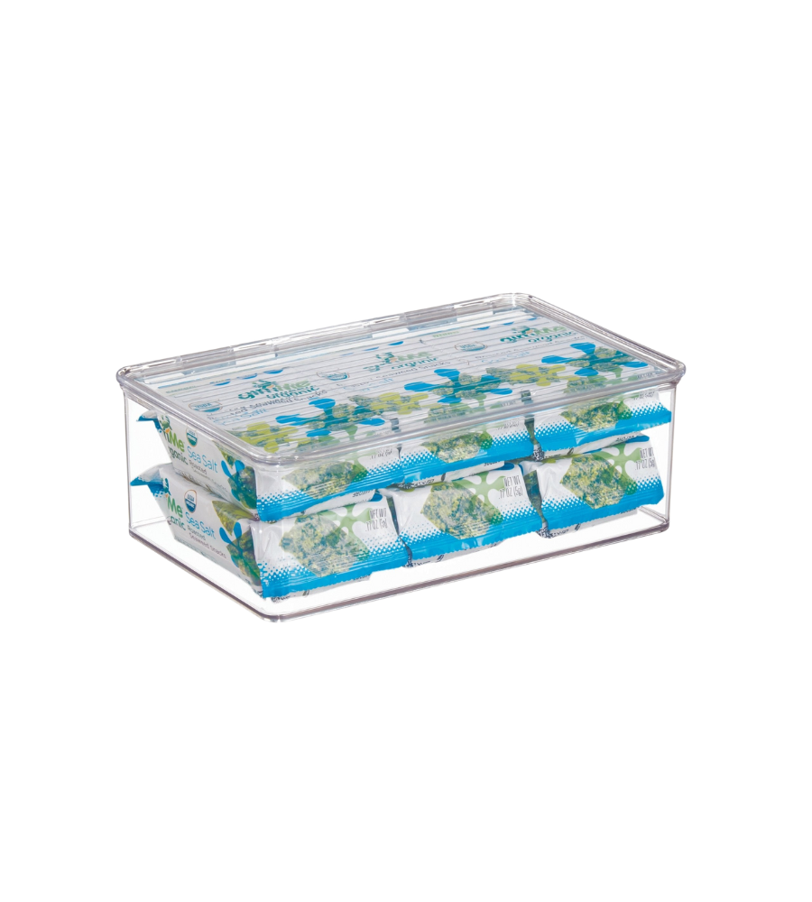 Plastic box contains 18 sea salt-flavored snacks, stacked in two rows.