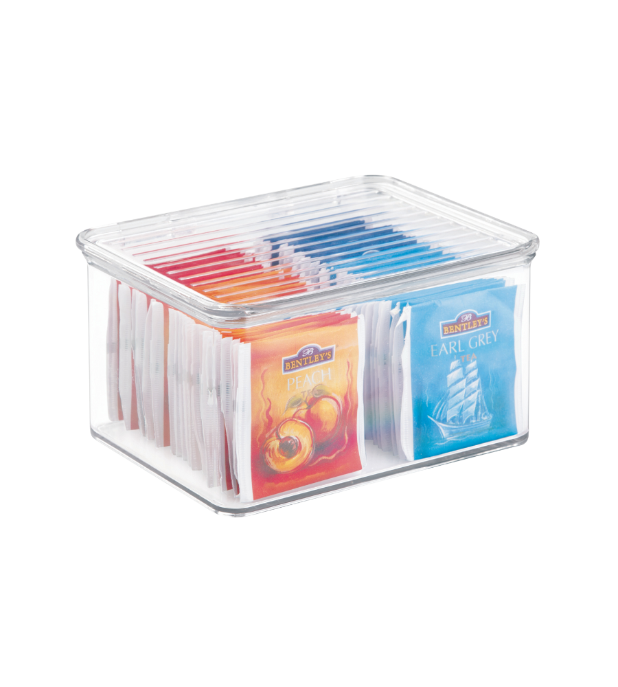 Transparent box with tea packs in colors; left: "Bentley's Peach," right: "Earl Grey."