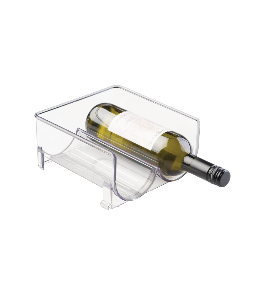 Kunststoffbox mit liegender Weinflasche, neutrale Umgebung.