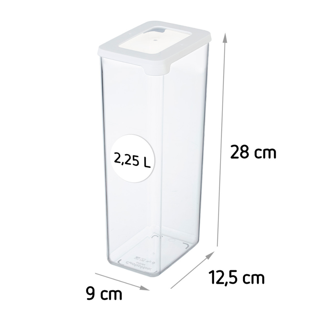Die Orthex SmartStore Vorratsdosen KLAR - Weiss ist ein transparenter, rechteckiger 2,25-Liter-Behälter mit weißem Deckel (28x12,5x9 cm), stapelbar und luftdicht-perfekt für frische, organisierte Aufbewahrung.