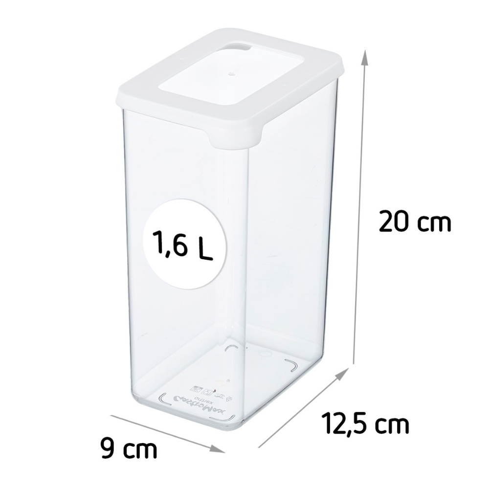 Le bocal de conservation Orthex SmartStore TRANSPARENT - Blanc est un récipient de 1,6 L en plastique transparent avec un couvercle blanc, hermétique pour préserver la fraîcheur. Avec ses dimensions de 20 x 12,5 x 9 cm, il est empilable pour un rangement bien organisé.