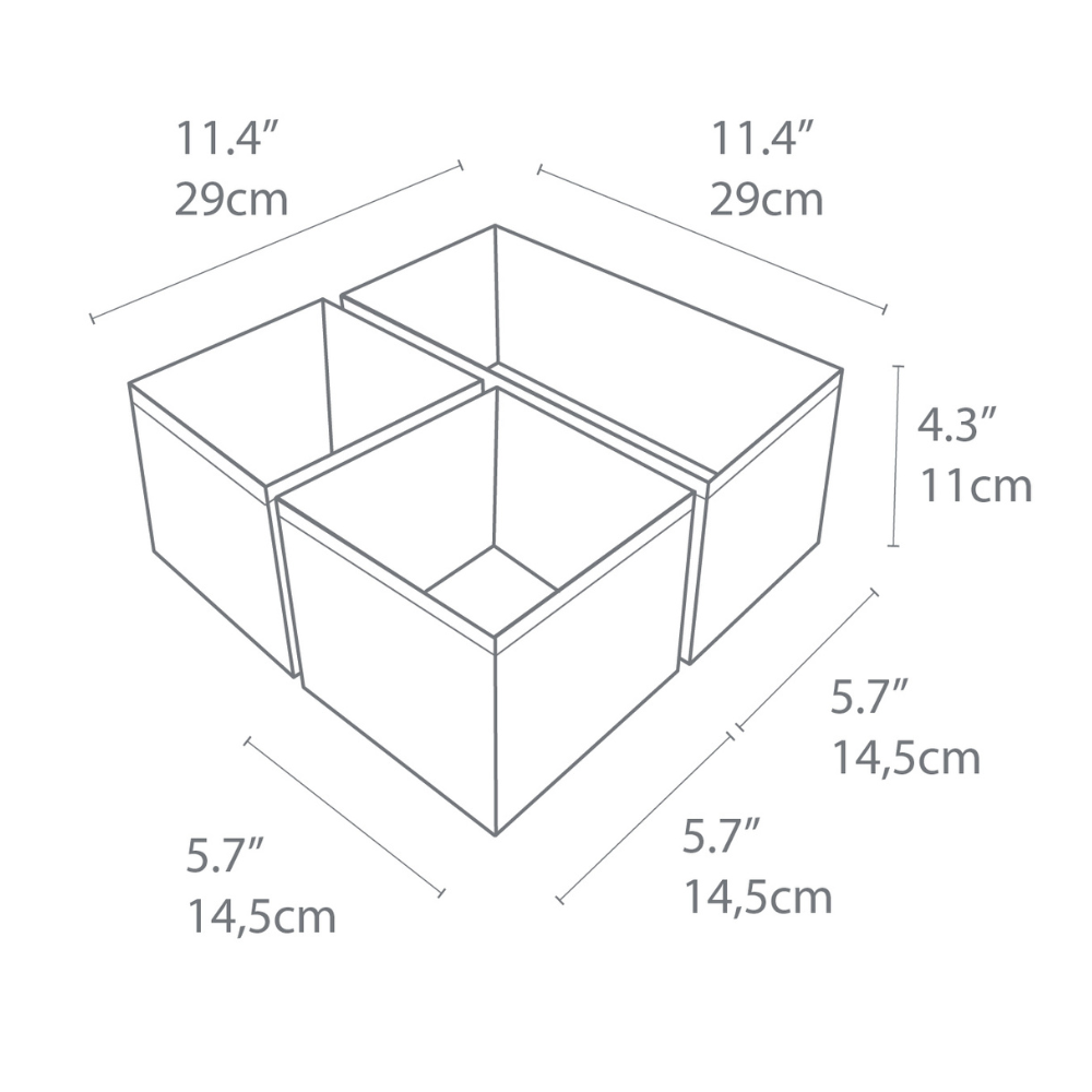 Eine Strichzeichnung des SOFT Organizer Beige - Set 3 Stk. von Bigso zeigt drei rechteckige Boxen mit offener Oberseite (jeweils 14,5 cm breit und 11 cm hoch), wobei der gesamte Organizer 29 cm pro Seite misst und somit eine vielseitige Aufbewahrung ermöglicht.