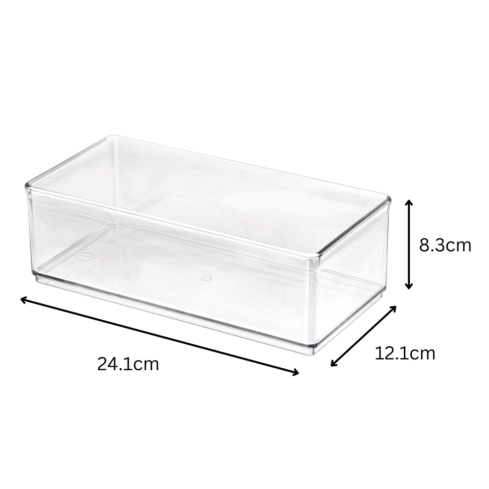 Rectangular plastic box marked on a white background, dimensions 24.1 x 12.1 x 8.3 cm.