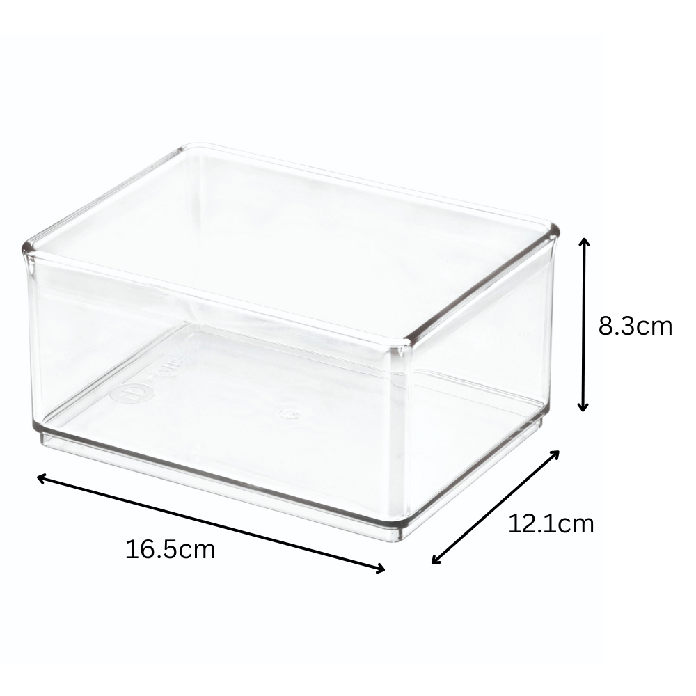 Transparent rectangular box on a white surface, dimensions 16.5 x 12.1 x 8.3 cm.