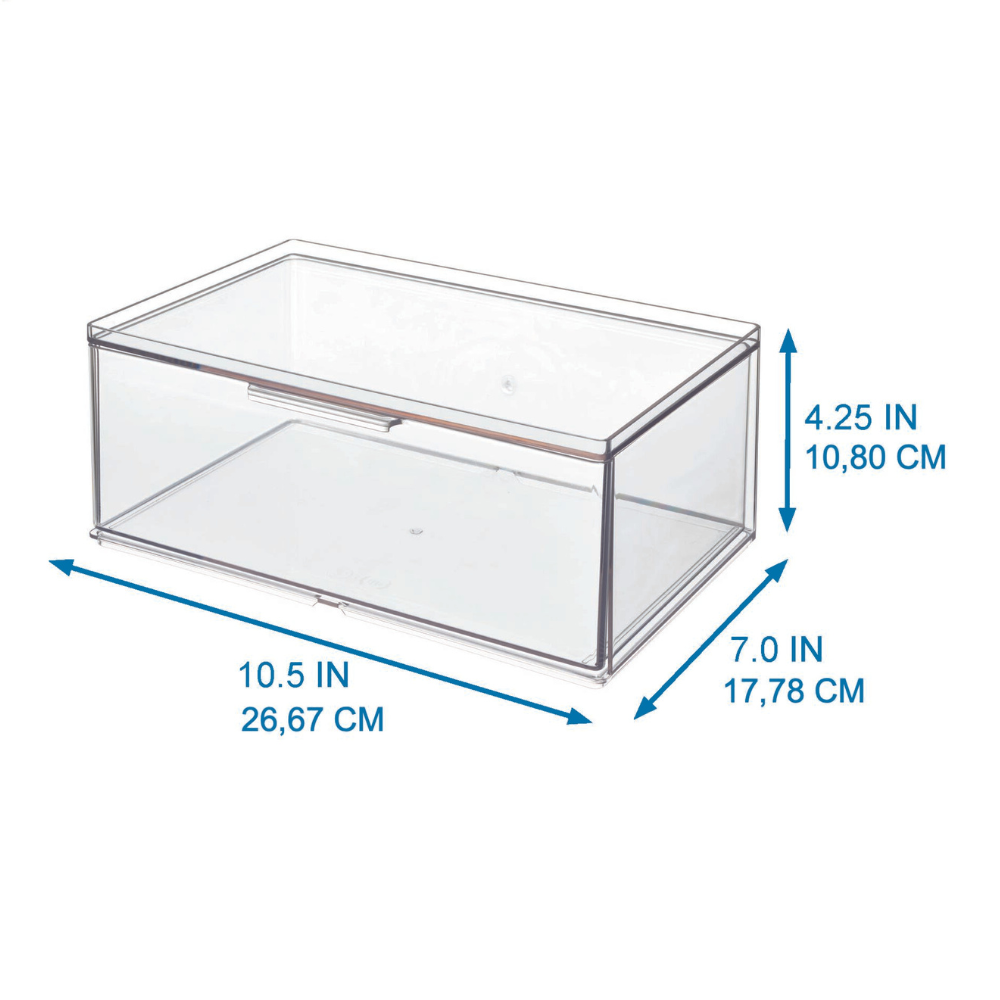 The iDesign HOME EDIT Organizer with drawer modular has a clear rectangular shape with labeled dimensions: 26.67 cm (10.5") L, 17.78 cm (7") W, and 10.80 cm (4.25") H, as well as blue arrows for each measurement.