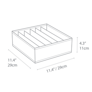Strichzeichnung des SOFT Organizer Beige - 6 Fächer breit von Bigso mit sechs Fächern. Die Box ist 29 cm breit und 11 cm hoch. Die Abmessungen sind auf dem Bild angegeben.