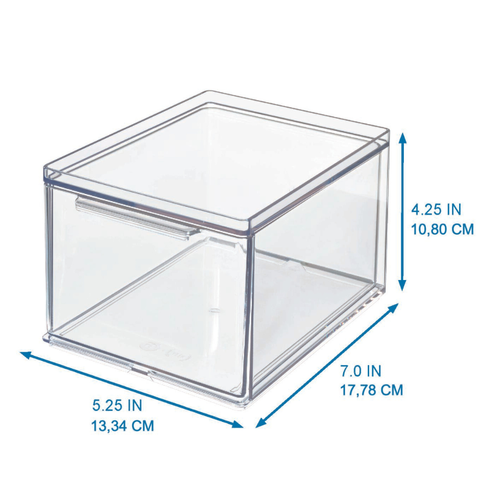 Transparent storage: The iDesign HOME EDIT Organizer with Drawer (7.0" W x 5.25" D x 4.25" H) is modular, features a handle and blue arrows—perfect for versatile use in a variety of sizes.